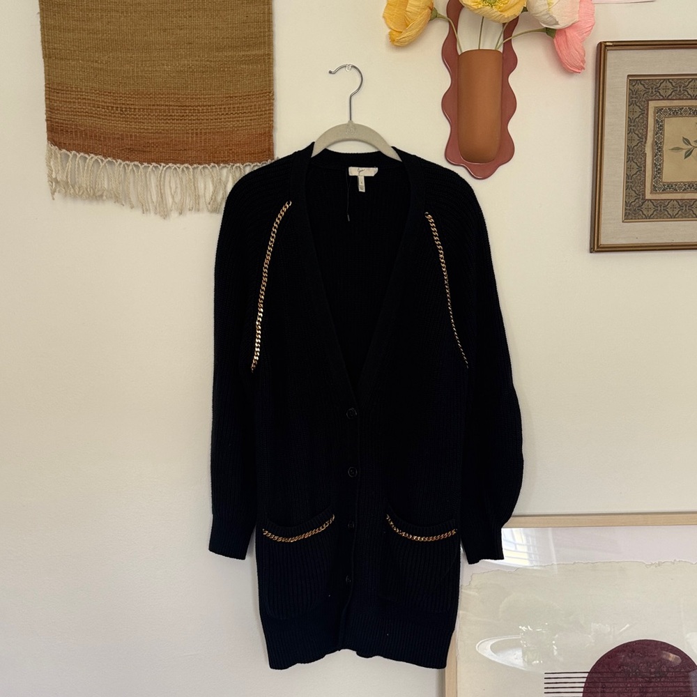 Joie Black Long Knit Cardigan with Gold Chain Trim